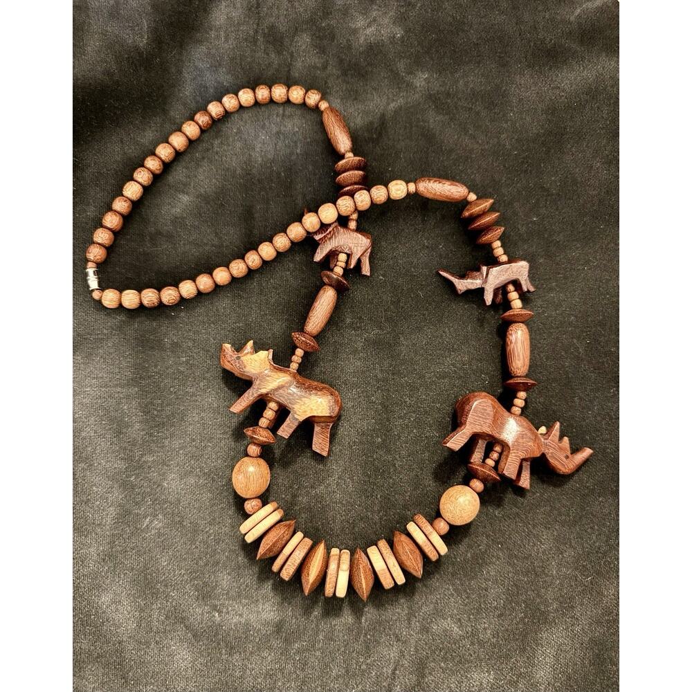 Vintage Hand Carved Wood Rhino Necklace Tribal Safari Statement Boho Animals